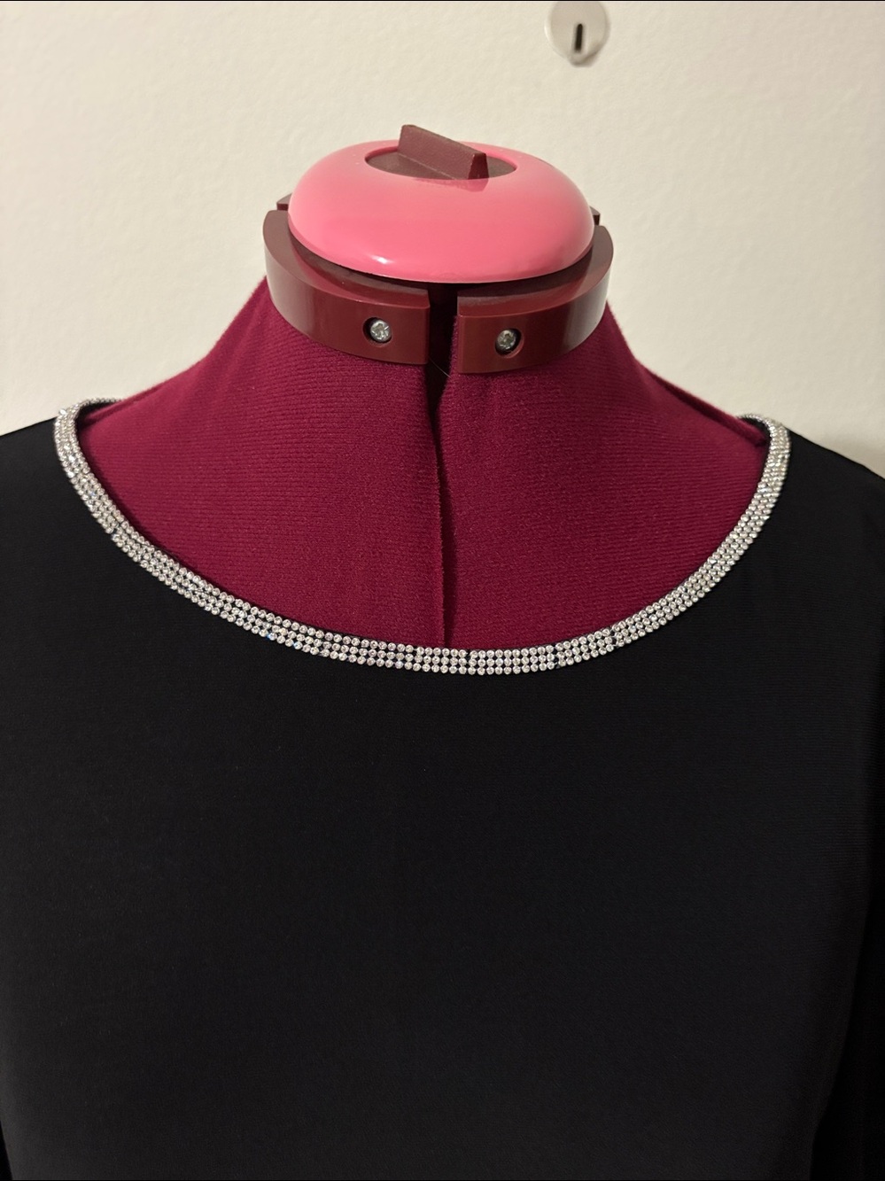 Prelude SZ Large black blouse sparkling rhinestone trim along neckline & cuffs